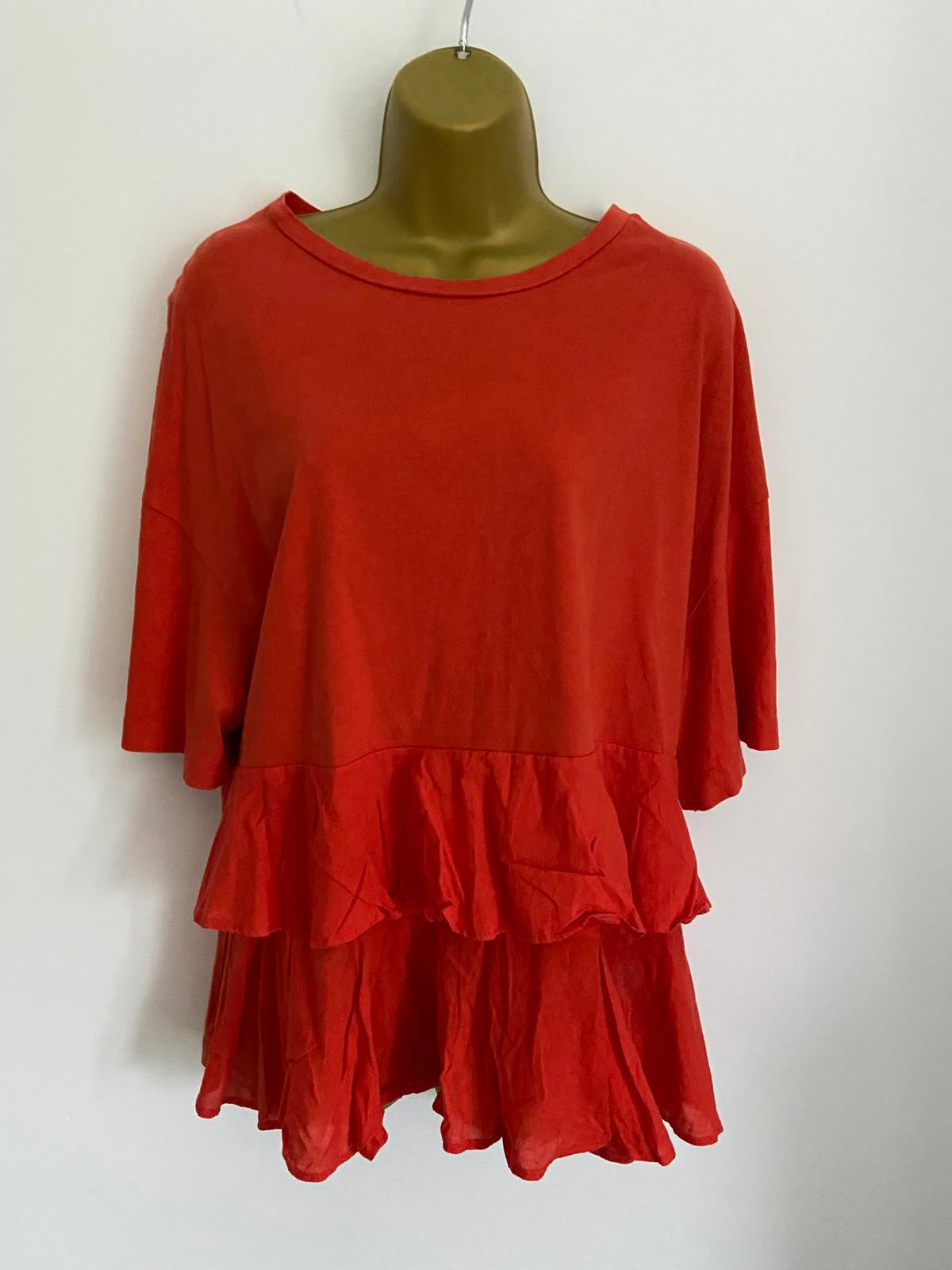 H&M Size M Red Rust 100% Cotton Short Sleeve Tiered Ruffle Hem Smock Top