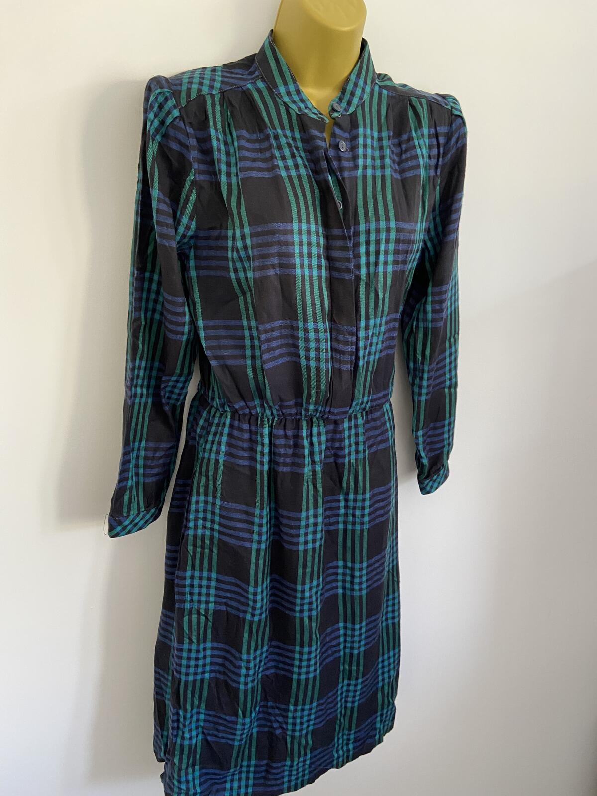Vintage Style Blue & Green Tartan Check Shirt Dress Size 12