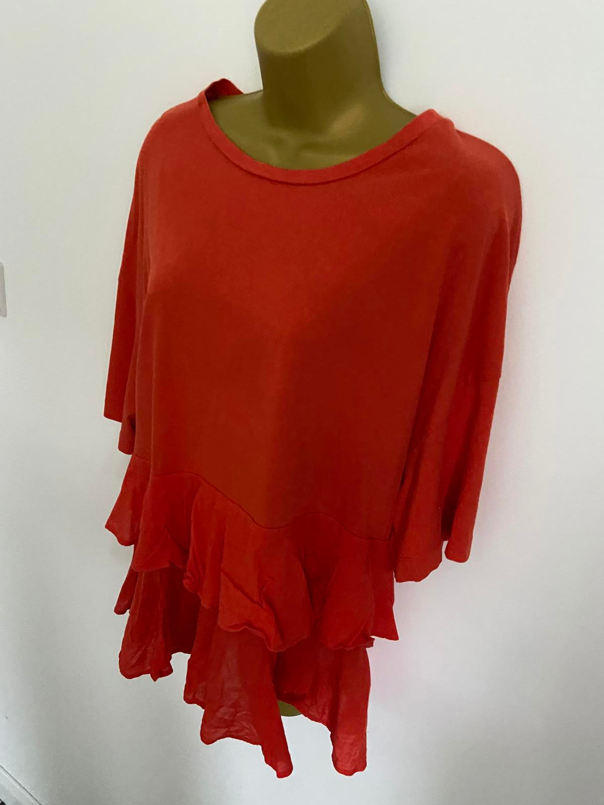 H&M Size M Red Rust 100% Cotton Short Sleeve Tiered Ruffle Hem Smock Top