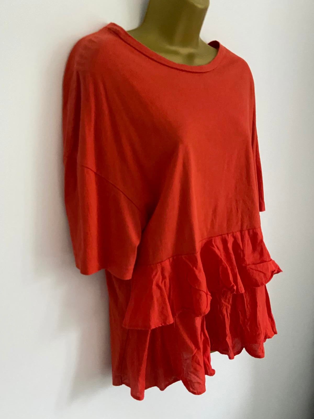 H&M Size M Red Rust 100% Cotton Short Sleeve Tiered Ruffle Hem Smock Top