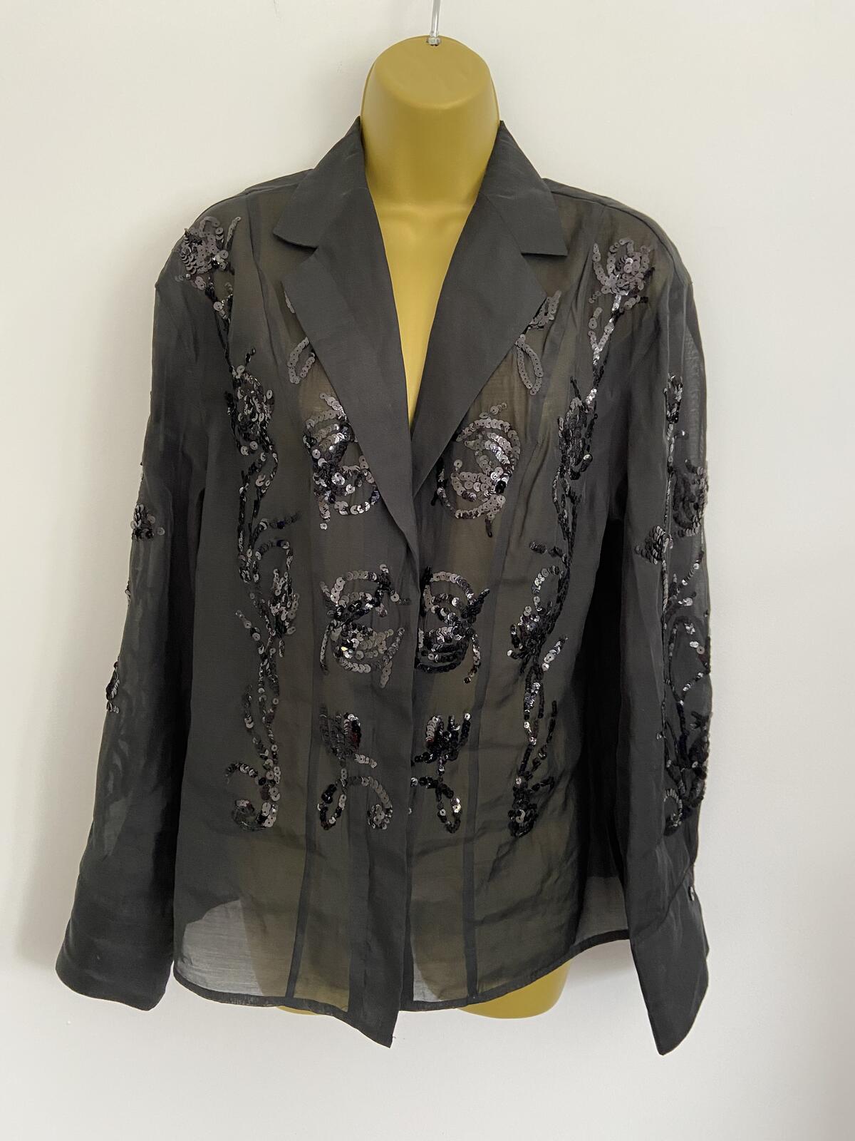 H&M Black Sheer Sequin Embroidered Long Sleeve Blouse - Size Small