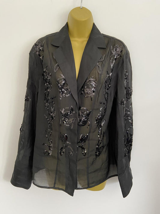 H&M Black Sheer Sequin Embroidered Long Sleeve Blouse - Size Small