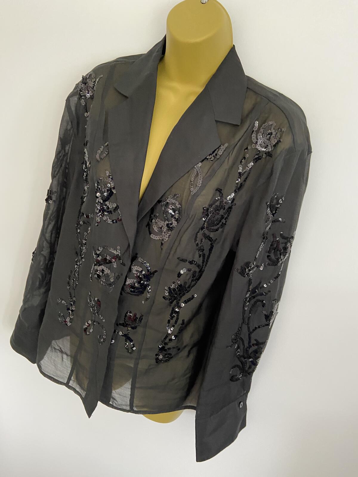 H&M Black Sheer Sequin Embroidered Long Sleeve Blouse - Size Small