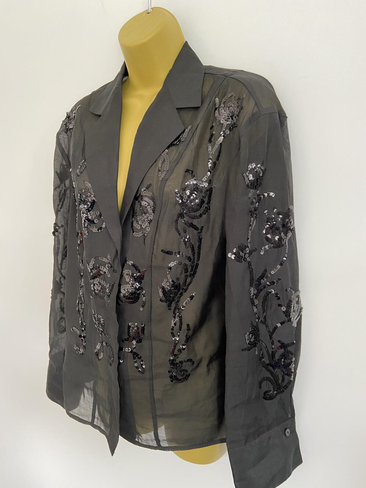 H&M Black Sheer Sequin Embroidered Long Sleeve Blouse - Size Small