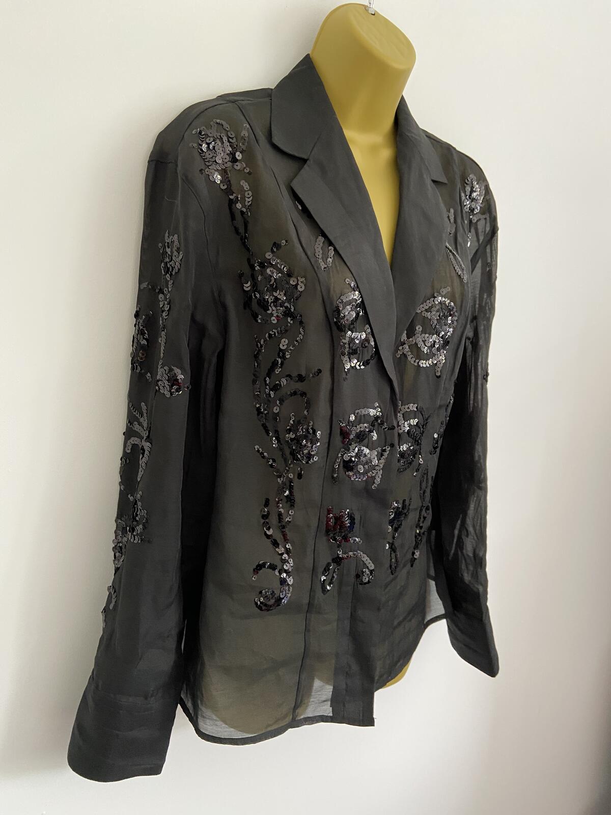H&M Black Sheer Sequin Embroidered Long Sleeve Blouse - Size Small