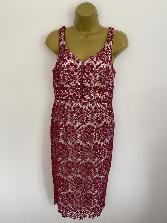 Coast Deep Red Lace Sleeveless V-Neck Fully Lined Dress - Size 10