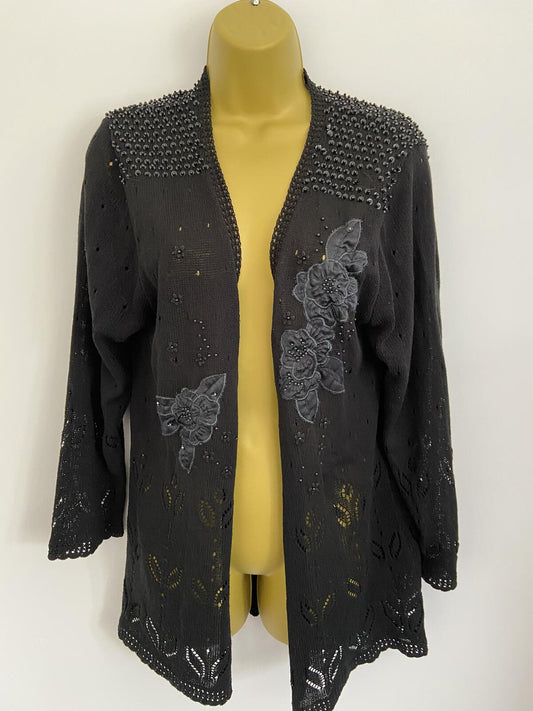 Abel Black Beaded Crochet Style Open Front Cardigan - Size Medium