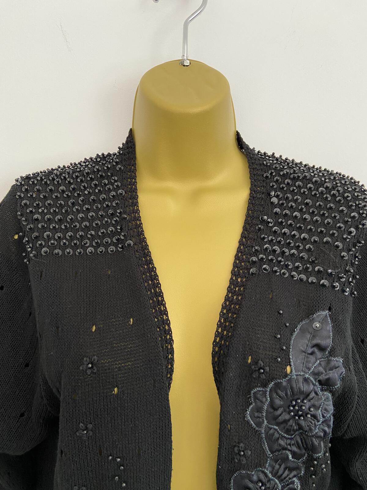 Abel Black Beaded Crochet Style Open Front Cardigan - Size Medium