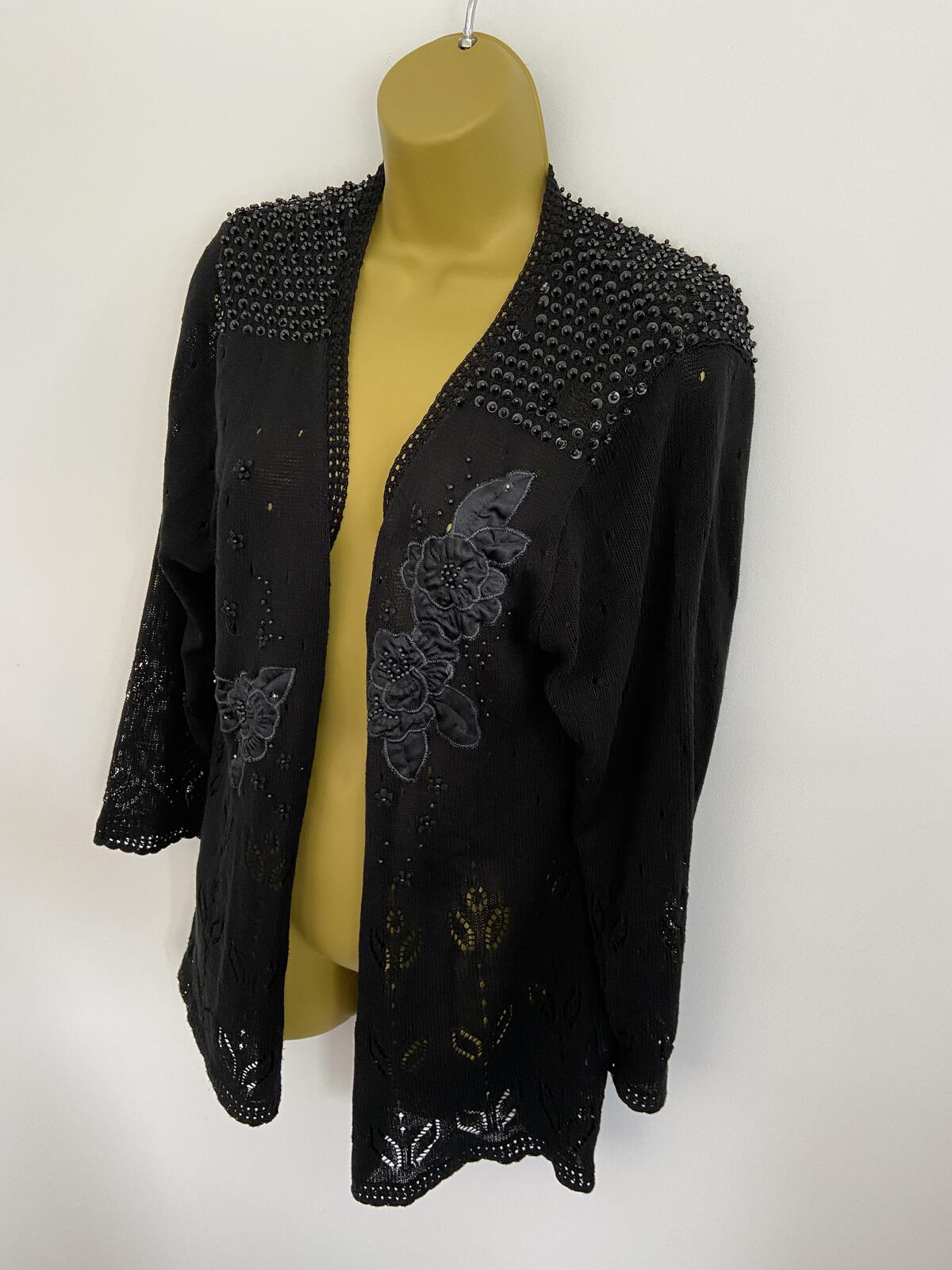 Abel Black Beaded Crochet Style Open Front Cardigan - Size Medium