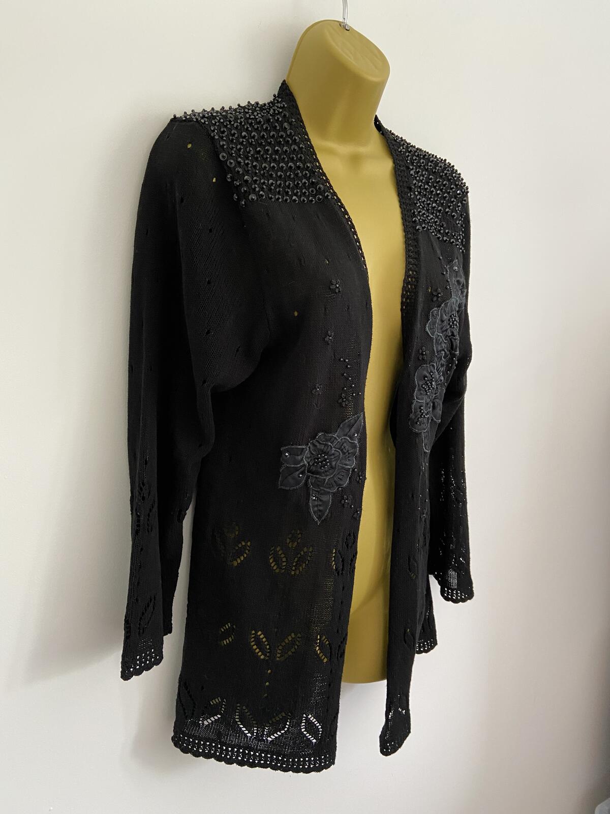 Abel Black Beaded Crochet Style Open Front Cardigan - Size Medium