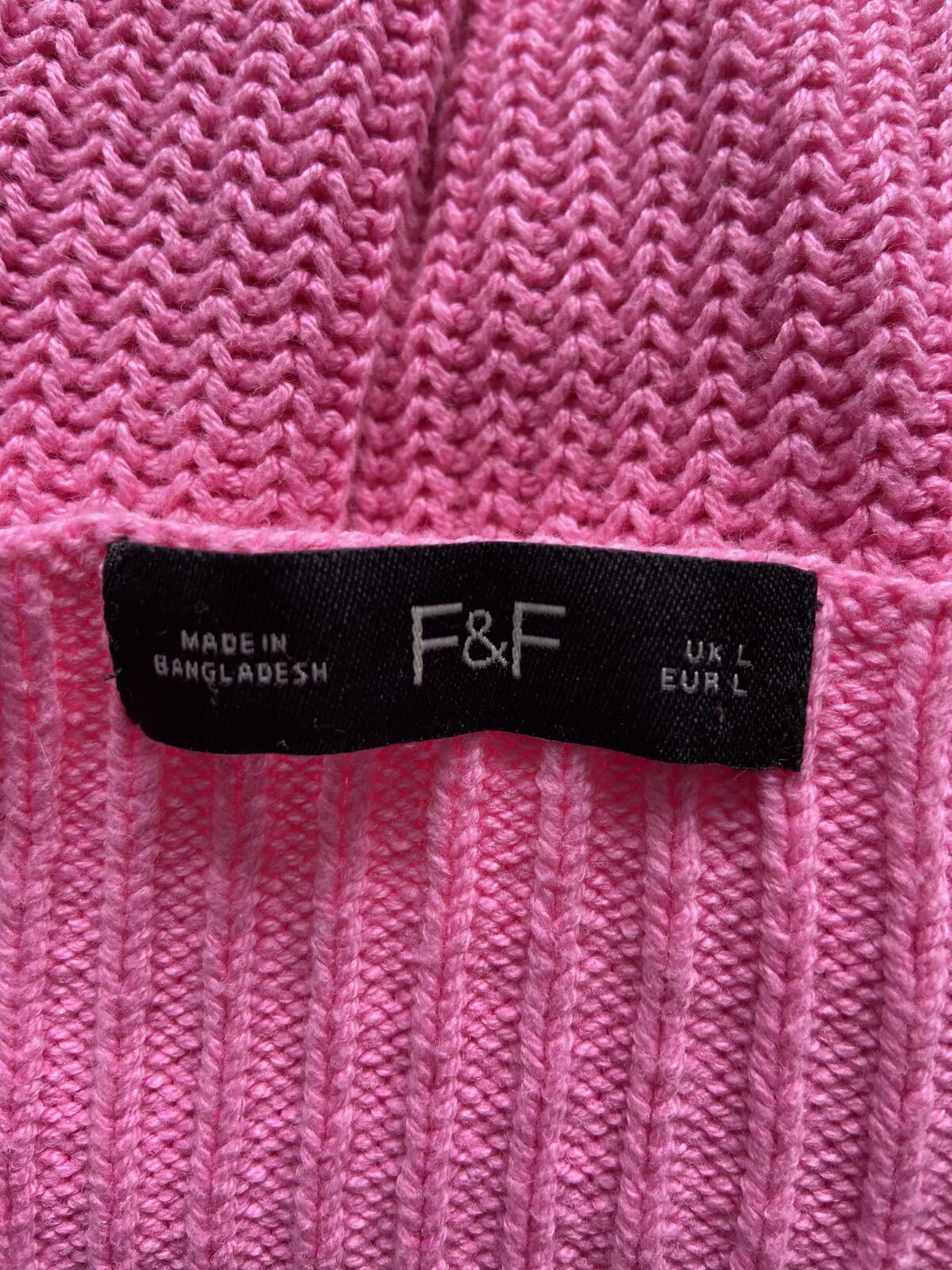 F&F Pink Cotton Blend Knit Jumper with Turnback Cuffs - Size Large