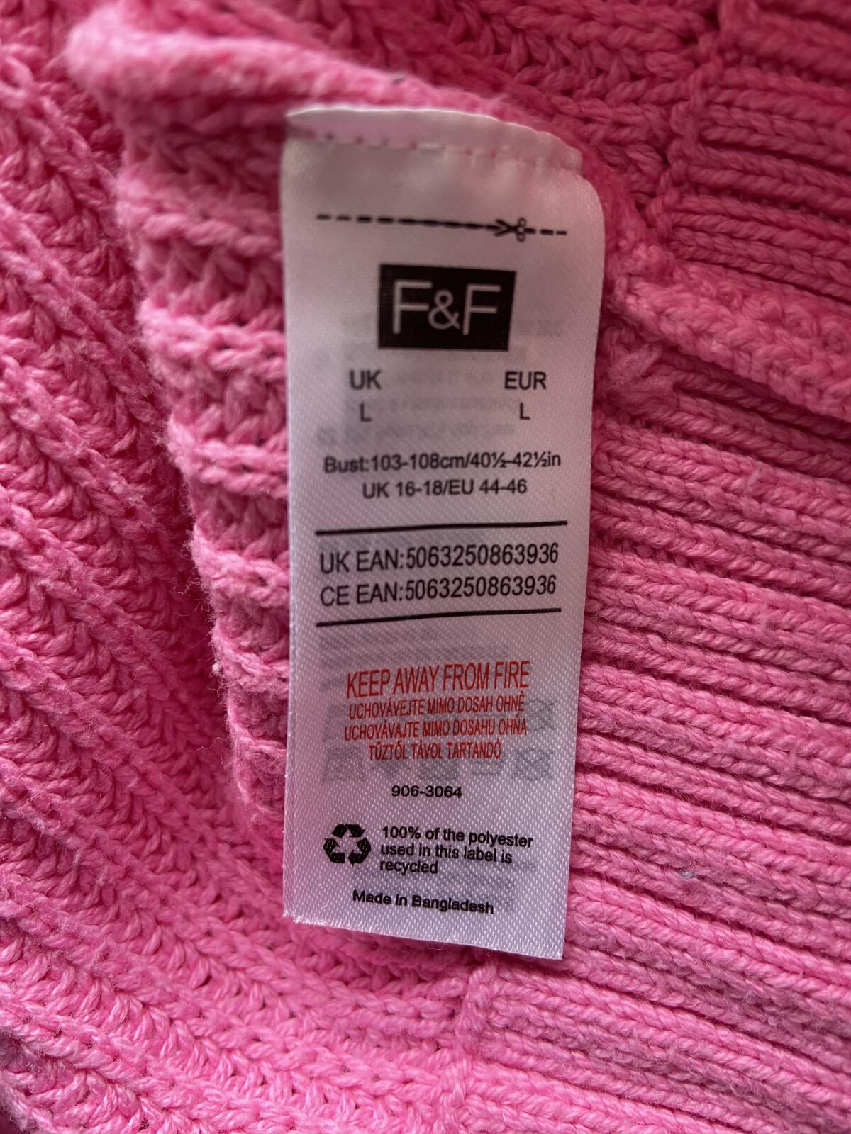 F&F Pink Cotton Blend Knit Jumper with Turnback Cuffs - Size Large