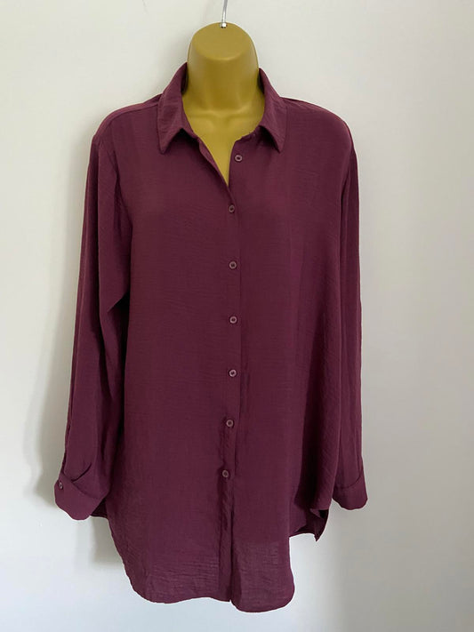 George Size 10 Burgundy Long Sleeve Roll Tab Button Down Shirt Blouse Smart