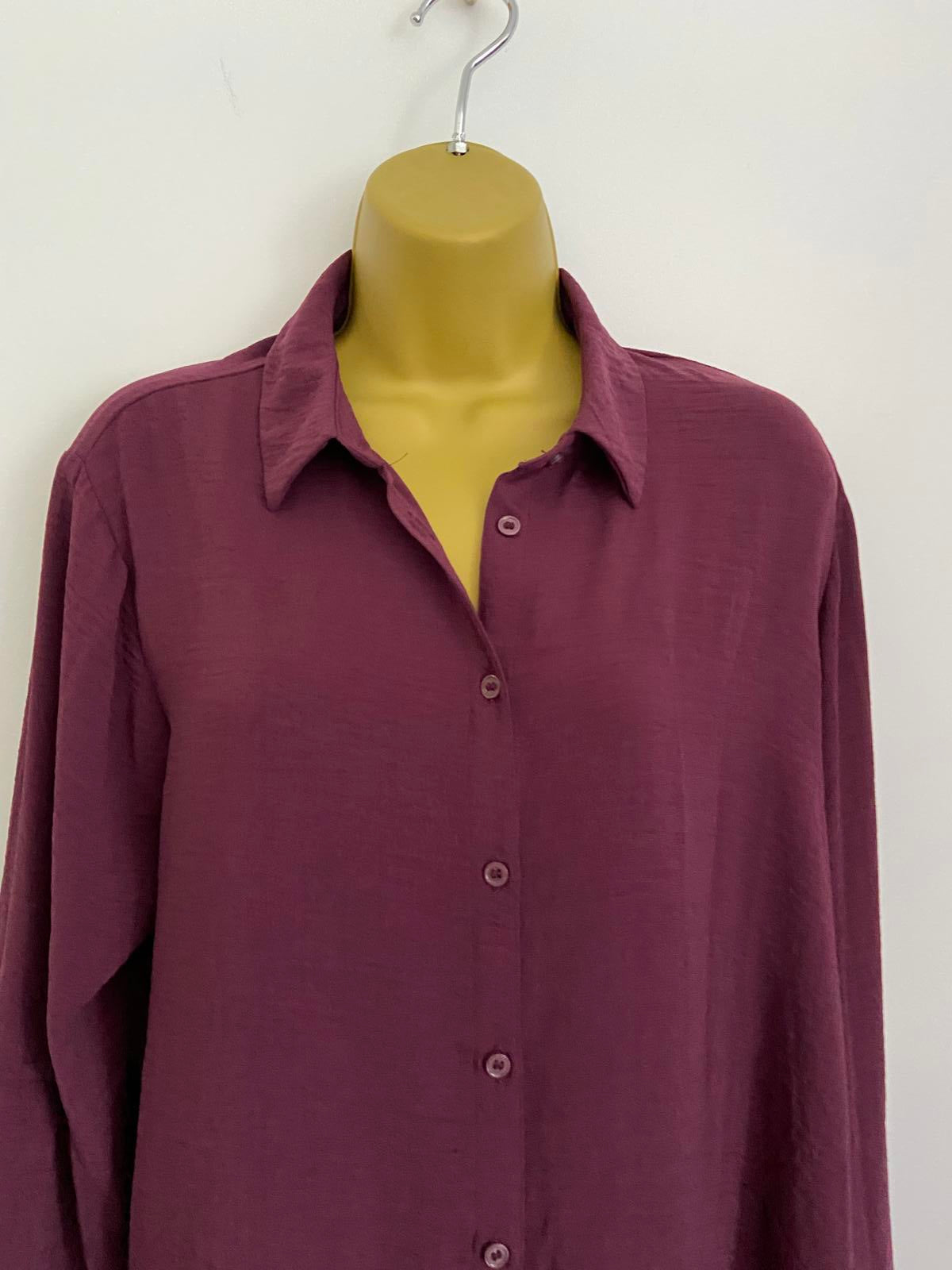 George Size 10 Burgundy Long Sleeve Roll Tab Button Down Shirt Blouse Smart