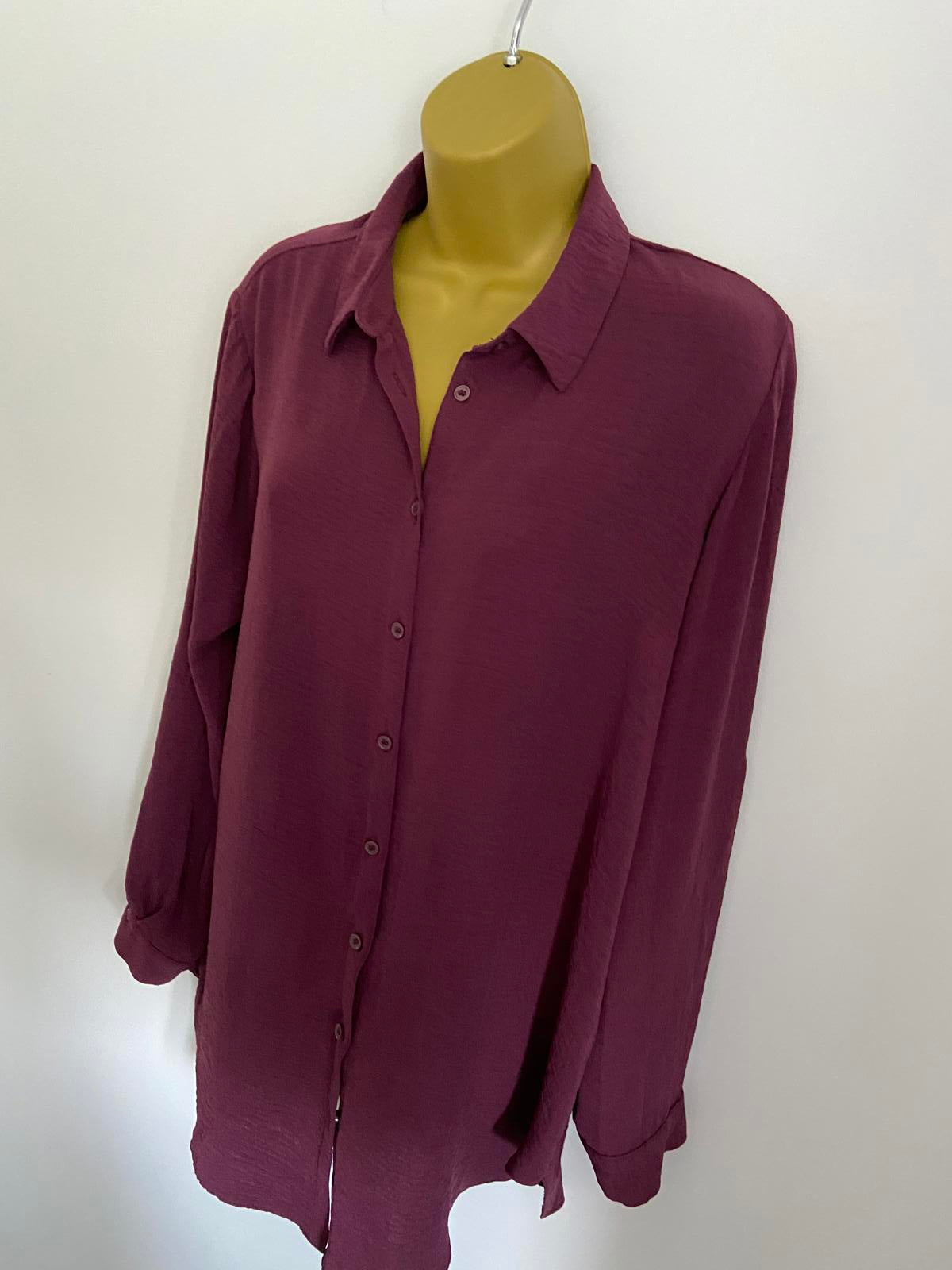 George Size 10 Burgundy Long Sleeve Roll Tab Button Down Shirt Blouse Smart