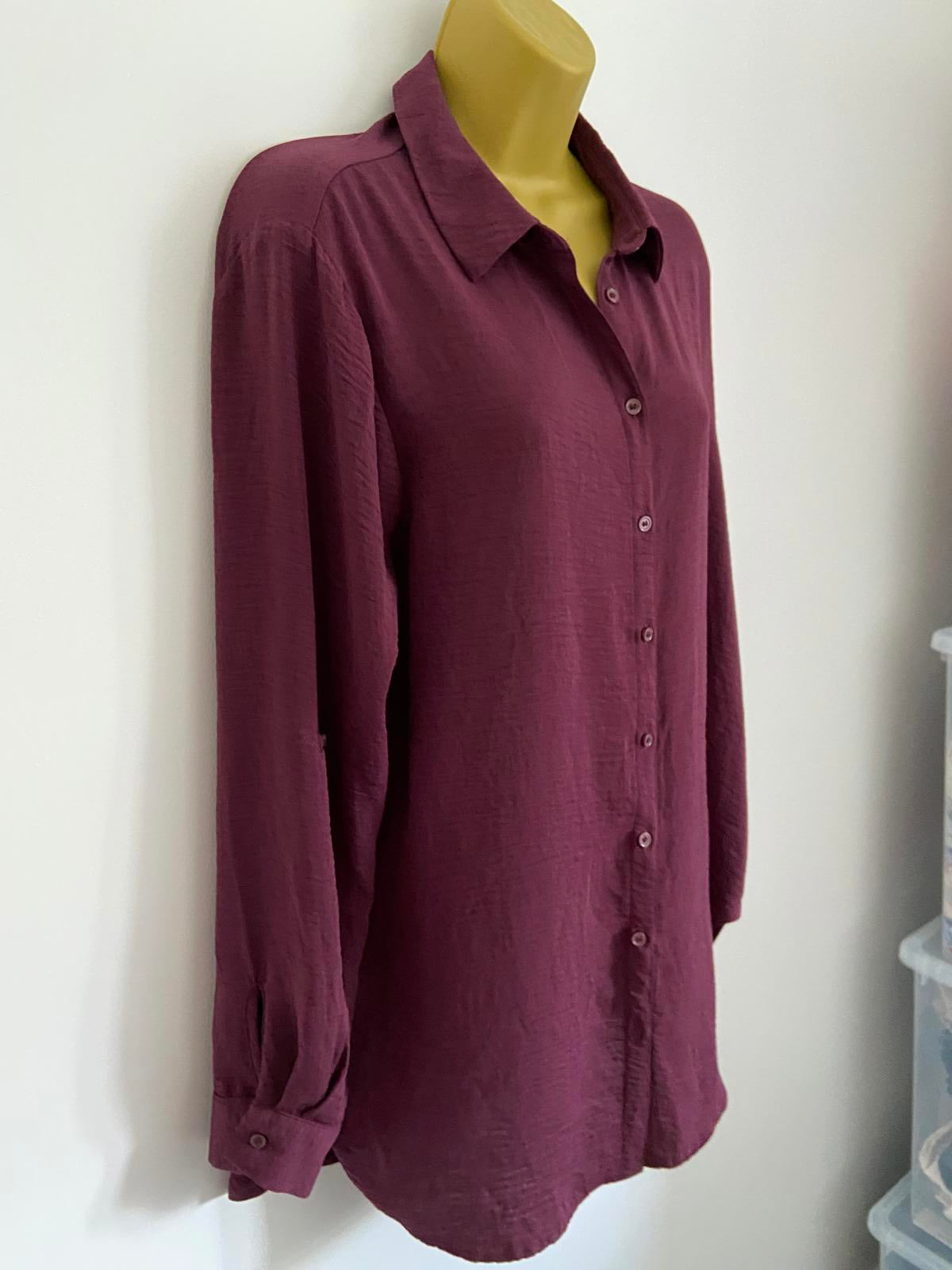 George Size 10 Burgundy Long Sleeve Roll Tab Button Down Shirt Blouse Smart