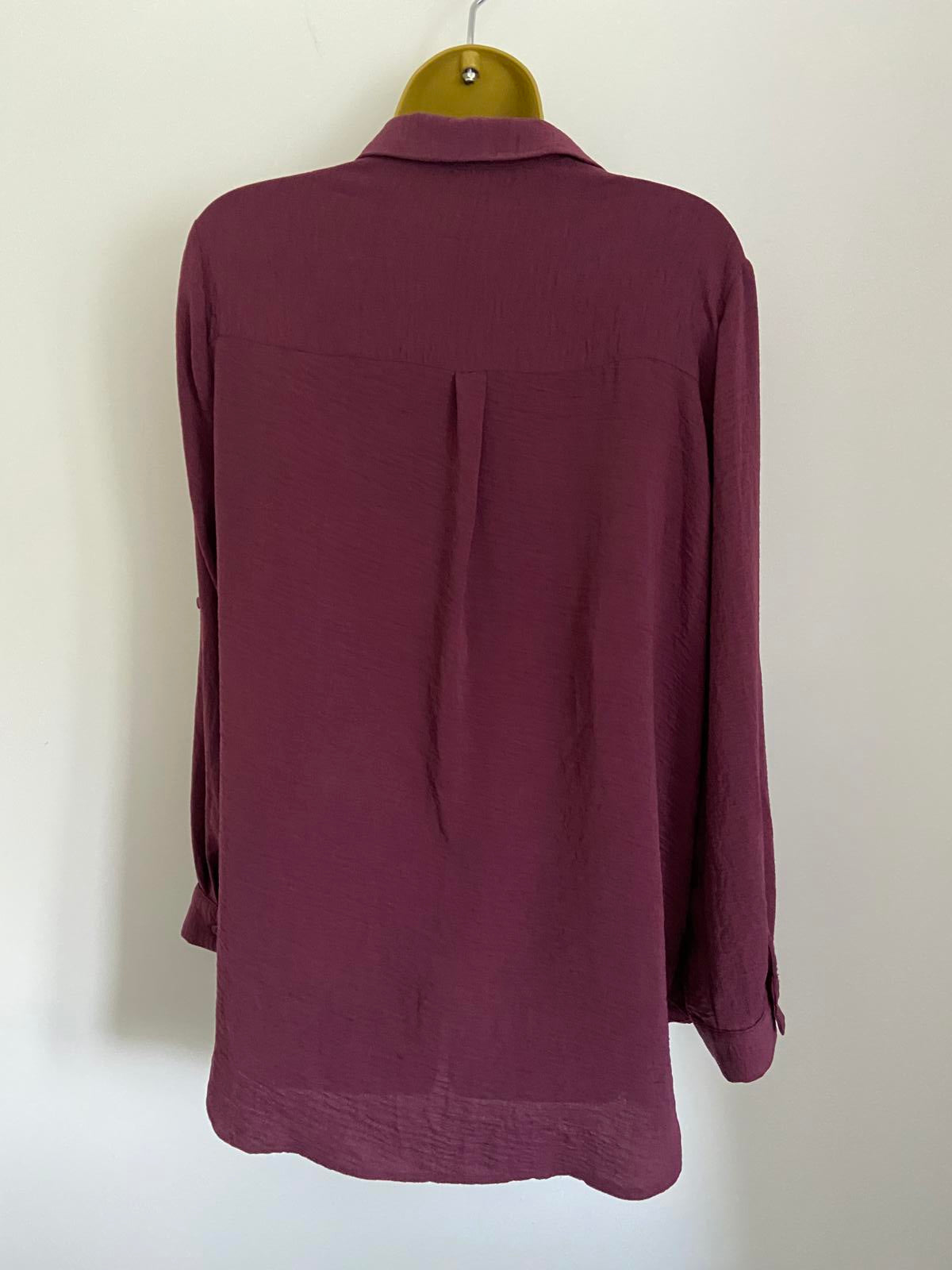George Size 10 Burgundy Long Sleeve Roll Tab Button Down Shirt Blouse Smart