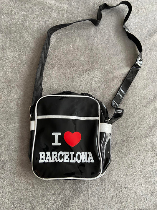 I Love Barcelona Black Patent Crossbody Messenger Bag Adjustable Strap Souvenir