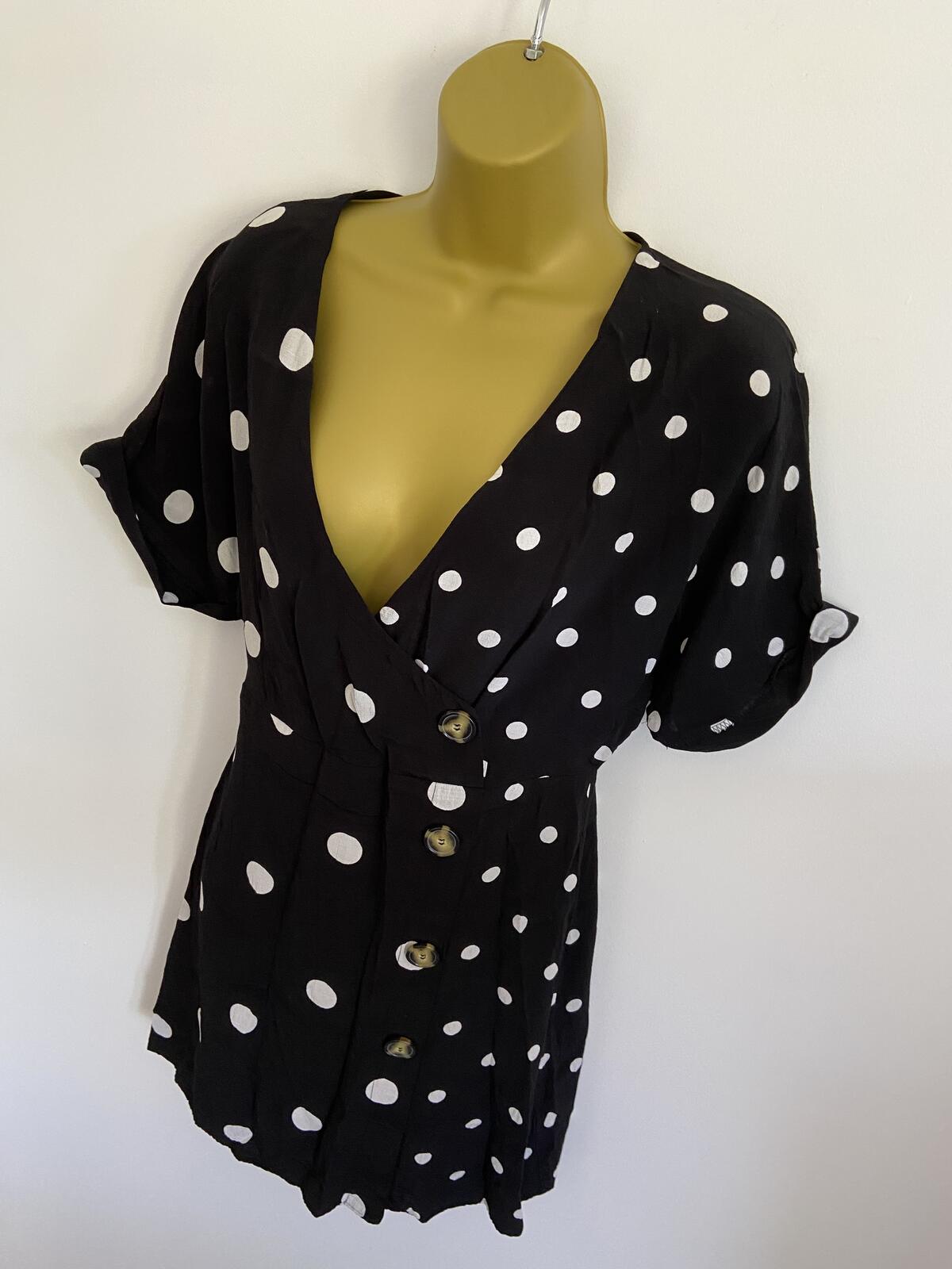Miss Selfridge Black Mixed Polka Dot Button Front Blouse - UK Size 8