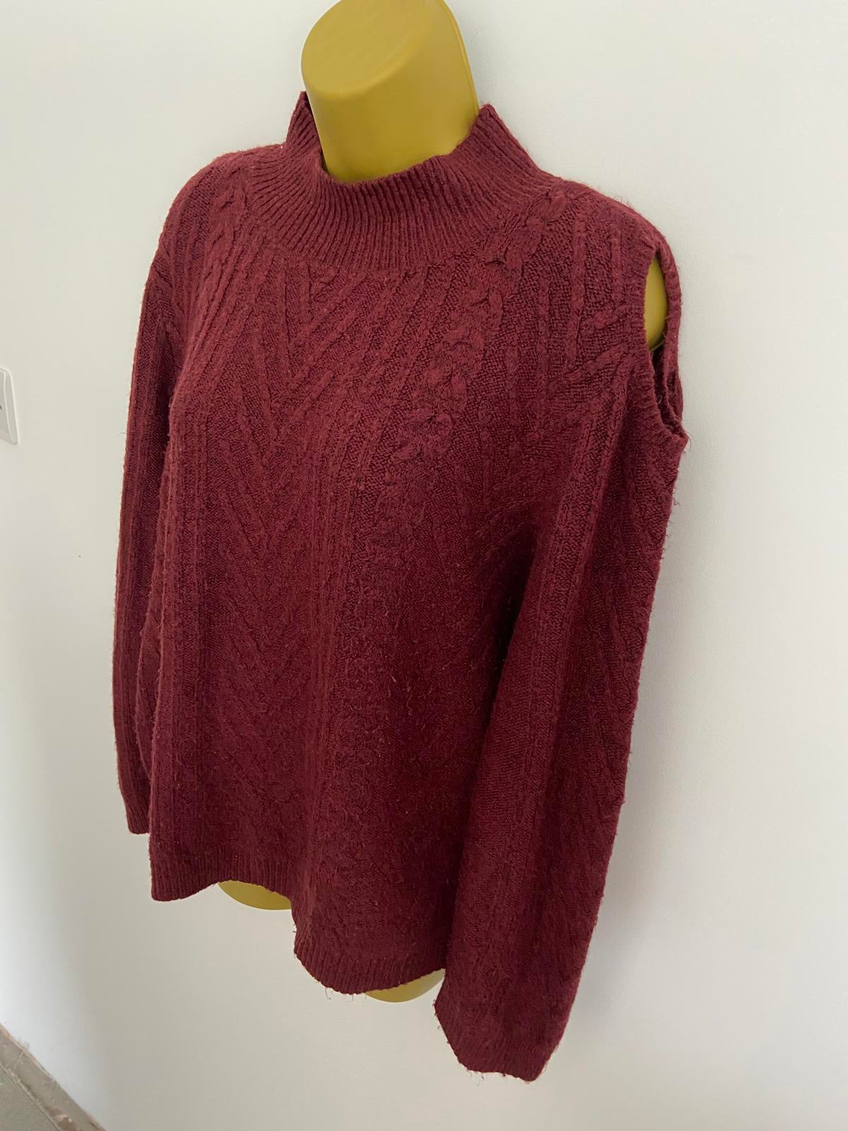 George Burgundy Cold-Shoulder Jumper - Knit, Round Neck, Size 22