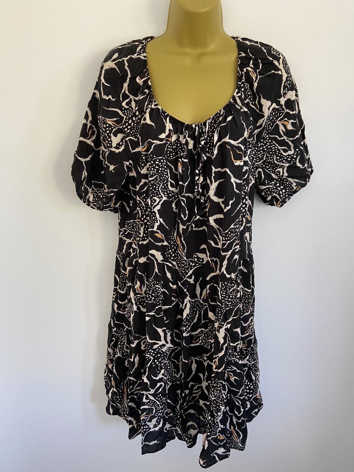 George Black & Orange Print Elasticated Neck Mini Dress - UK Size 12