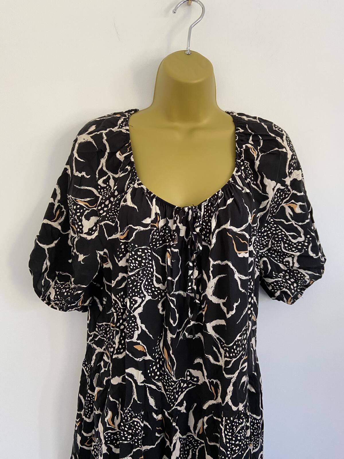 George Black & Orange Print Elasticated Neck Mini Dress - UK Size 12