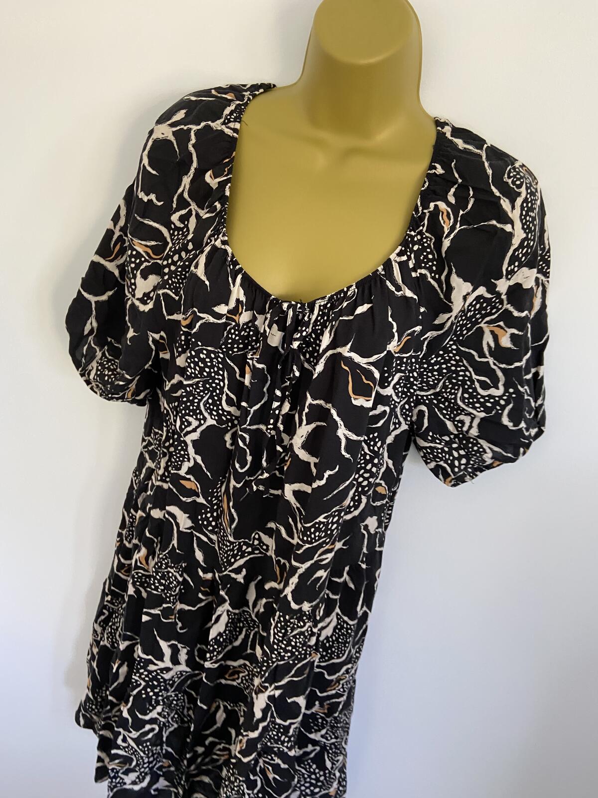 George Black & Orange Print Elasticated Neck Mini Dress - UK Size 12