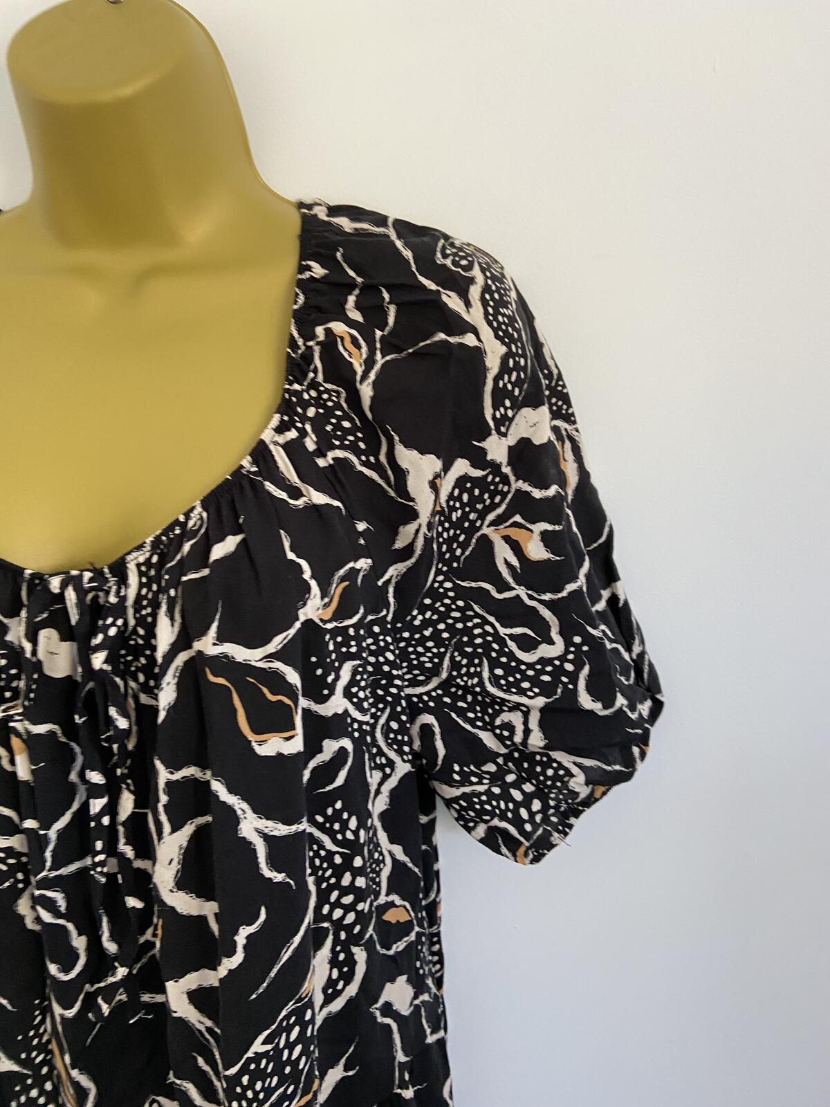 George Black & Orange Print Elasticated Neck Mini Dress - UK Size 12