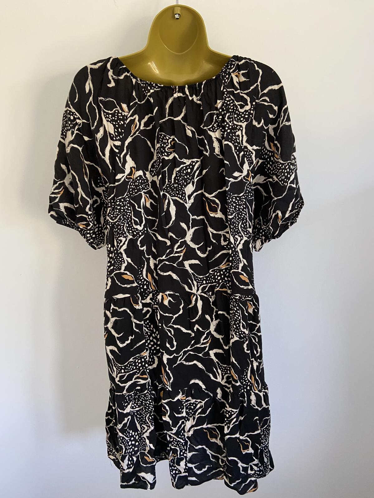 George Black & Orange Print Elasticated Neck Mini Dress - UK Size 12