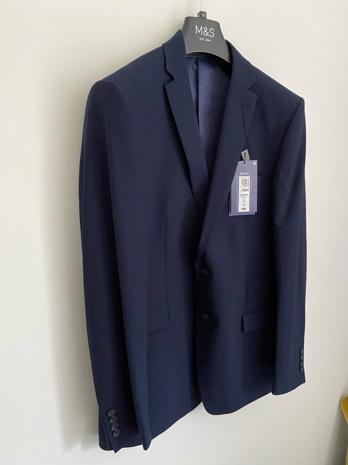 M&S Men's Slim Fit 2 Piece Suit 42L Blazer 36/31 Trousers Navy BNWT RRP £149