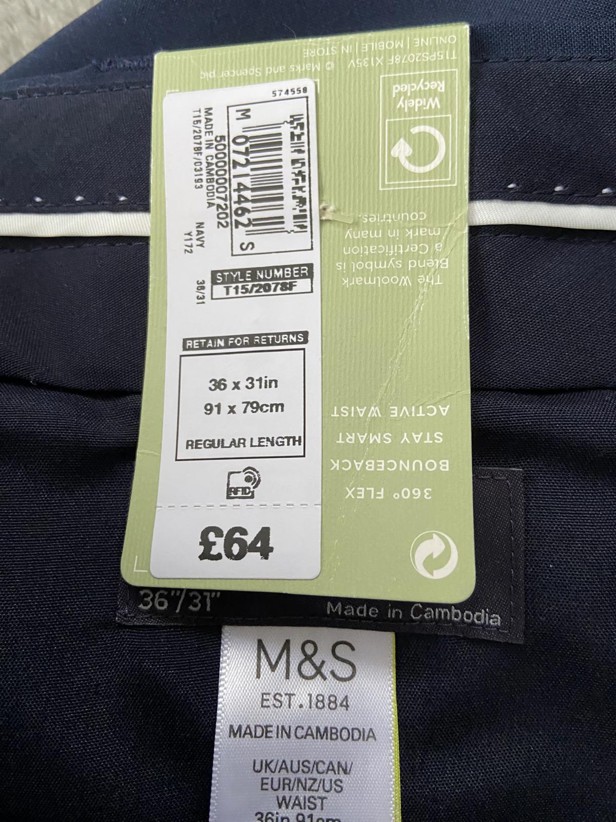 M&S Men's Slim Fit 2 Piece Suit 42L Blazer 36/31 Trousers Navy BNWT RRP £149