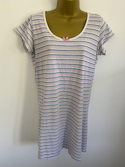 TU White Multi-Striped Cotton T-Shirt Dress / Nightdress - Size 12