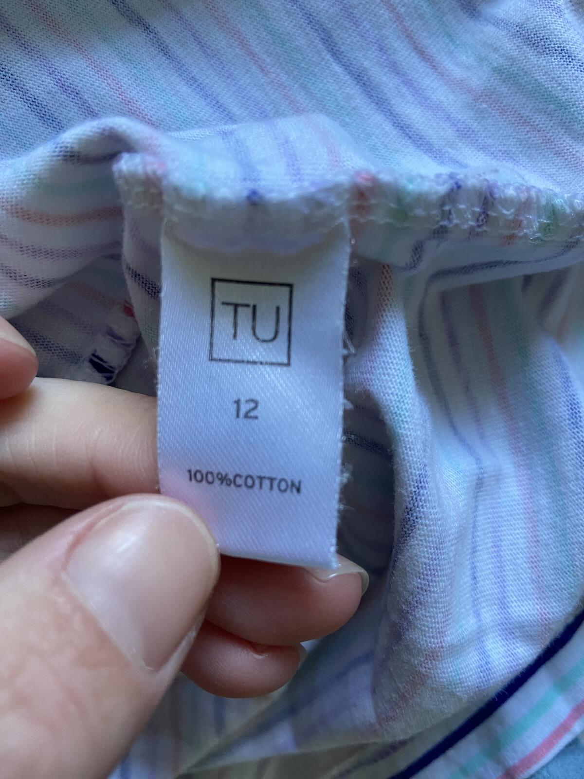 TU White Multi-Striped Cotton T-Shirt Dress / Nightdress - Size 12