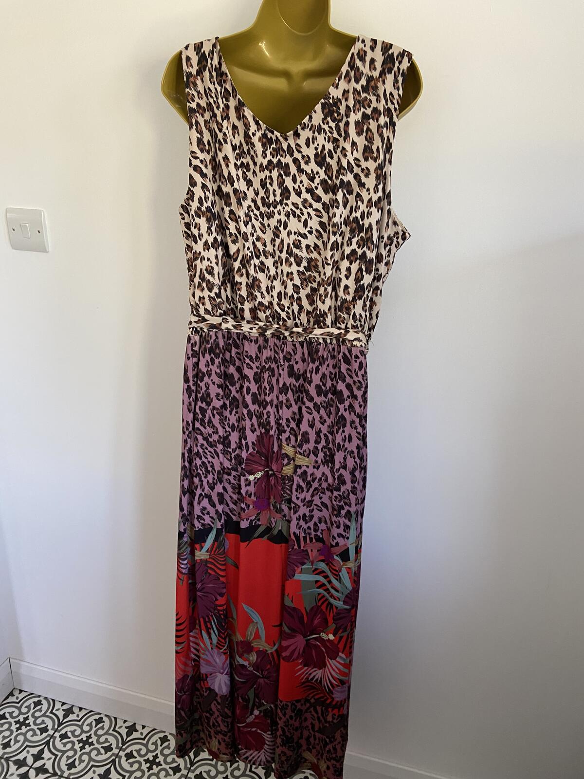 Unique Leopard & Floral Print Lined Maxi Dress - Size 18/20