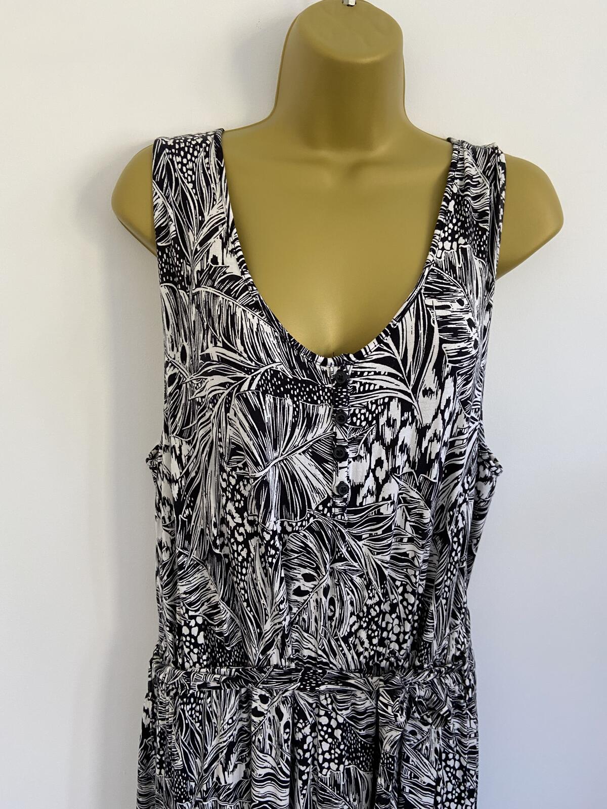 TU Black & White Leaf Print Sleeveless Midi Dress - UK Size 18