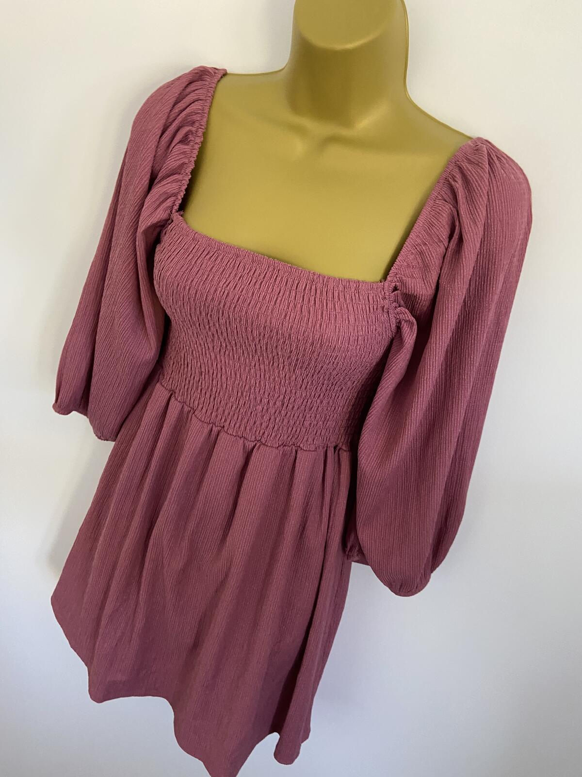 Bershka Dusty Pink Shirred Mini Dress - Size Small