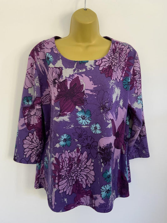 Purple Floral Three-Quarter Sleeve Soft Touch Top - Size 12