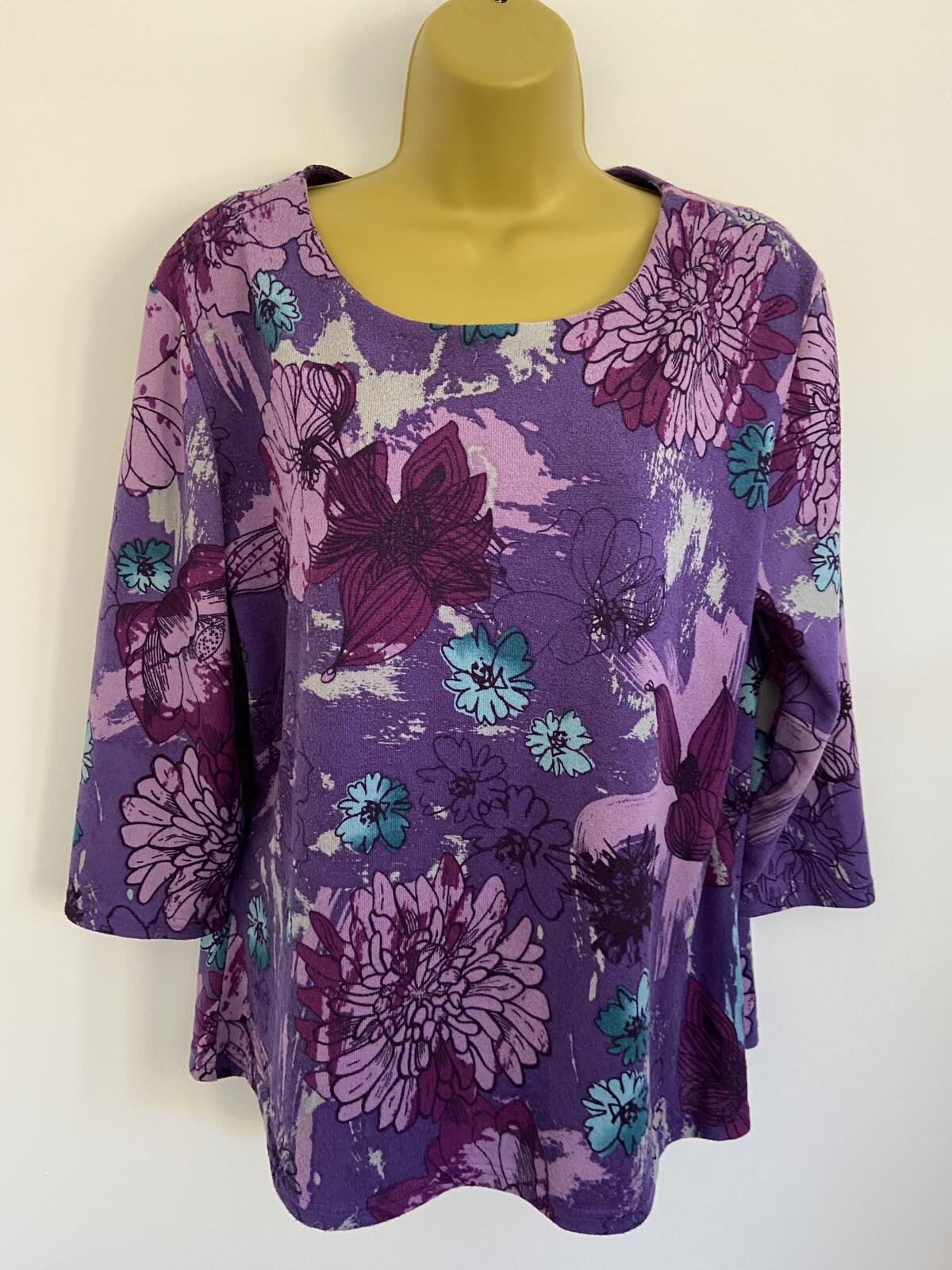 Purple Floral Three-Quarter Sleeve Soft Touch Top - Size 12