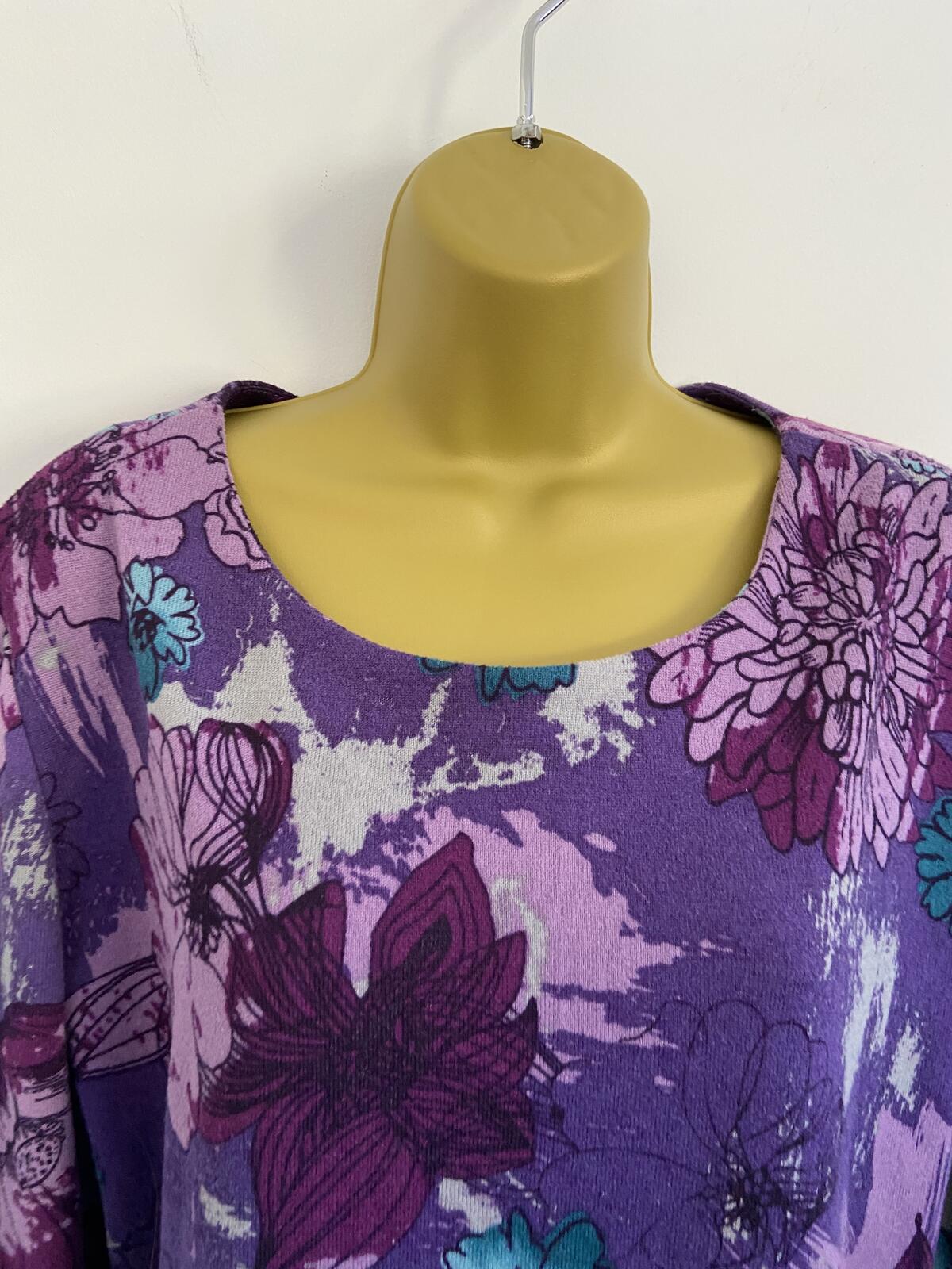 Purple Floral Three-Quarter Sleeve Soft Touch Top - Size 12