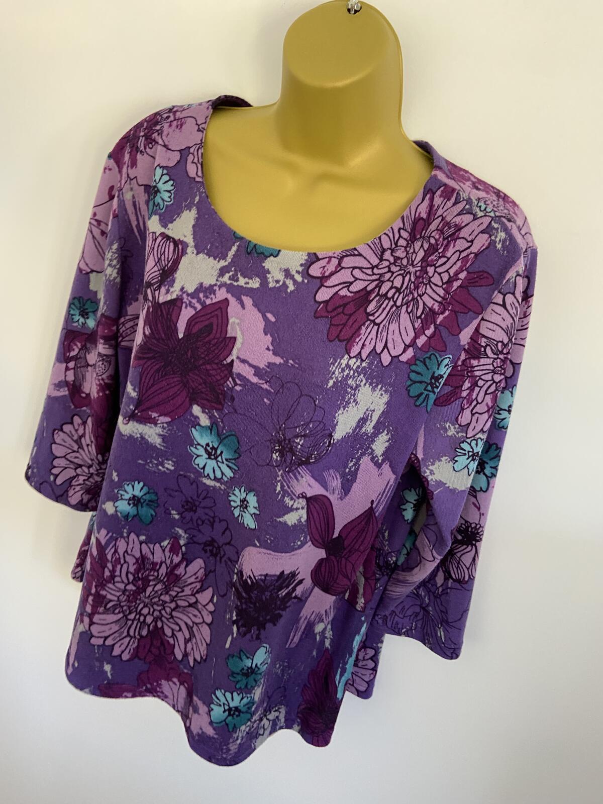 Purple Floral Three-Quarter Sleeve Soft Touch Top - Size 12