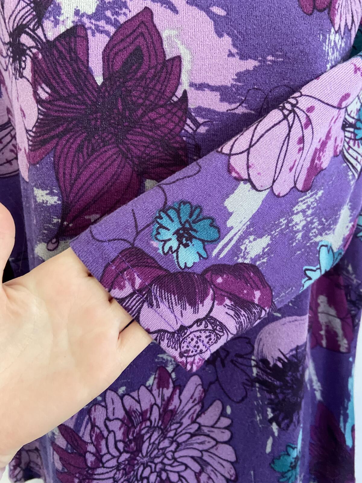 Purple Floral Three-Quarter Sleeve Soft Touch Top - Size 12