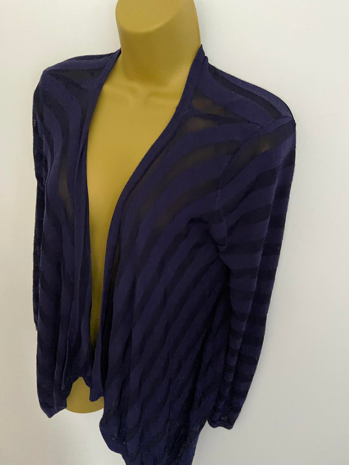 Laura Ashley Size 10 Blue Open Front Waterfall Cardigan Mesh Stripe Lightweight