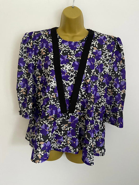 Vintage Purple Floral Blouse Medium Bold Print Shoulder Pads Retro Short Sleeve