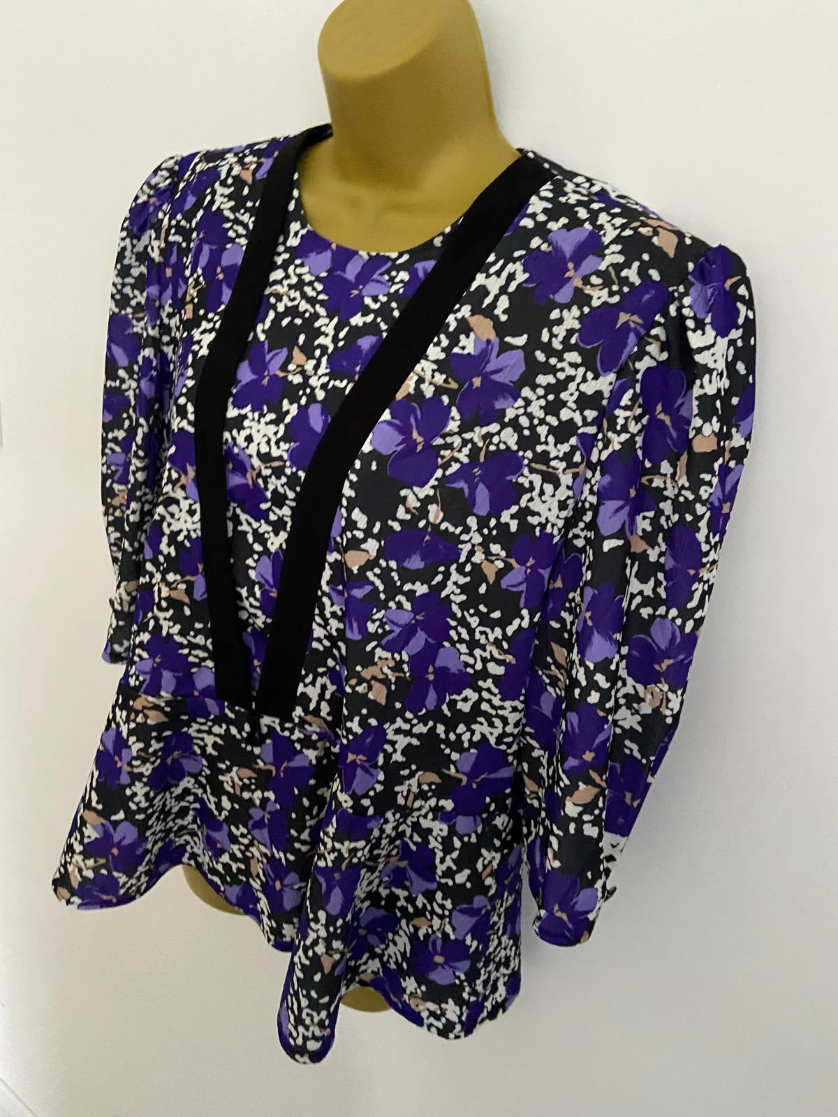 Vintage Purple Floral Blouse Medium Bold Print Shoulder Pads Retro Short Sleeve