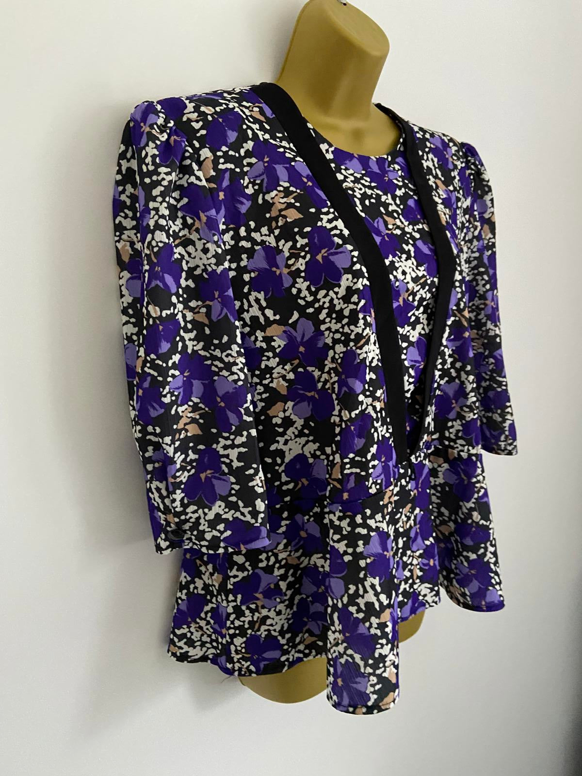 Vintage Purple Floral Blouse Medium Bold Print Shoulder Pads Retro Short Sleeve