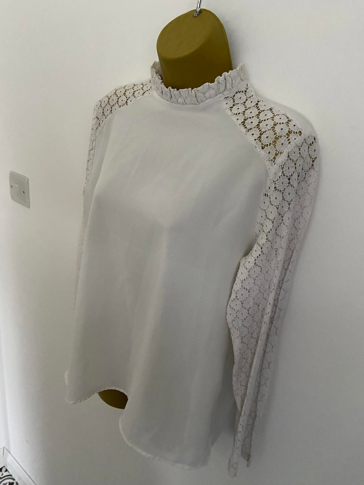 Shein Size Large White Long Sleeve Blouse Lace Crochet Sleeves High Neck Top