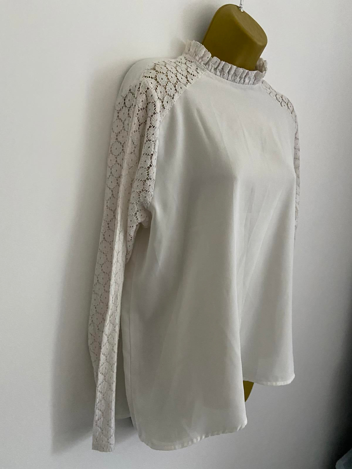 Shein Size Large White Long Sleeve Blouse Lace Crochet Sleeves High Neck Top