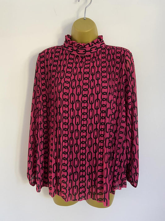 Bright Pink Chain Print Plissé High Neck Blouse - Size 8