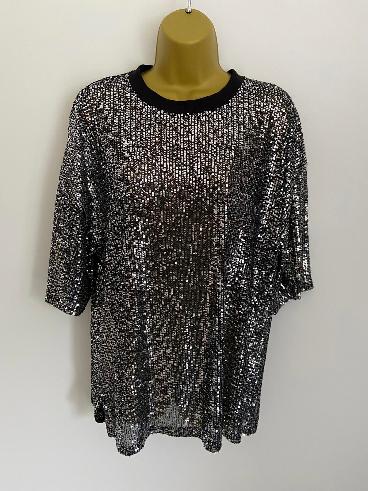 F&F Size Large Sparkly Silver Sequin Black Short Sleeve Party Top T-Shirt