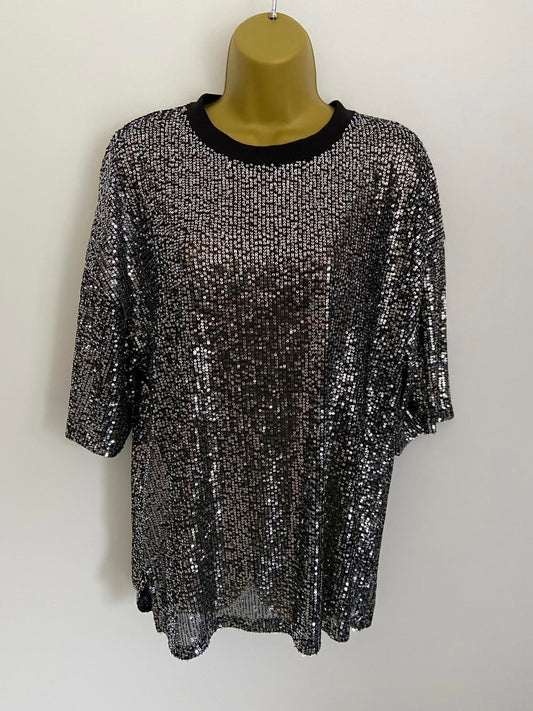 F&F Size Large Sparkly Silver Sequin Black Short Sleeve Party Top T-Shirt